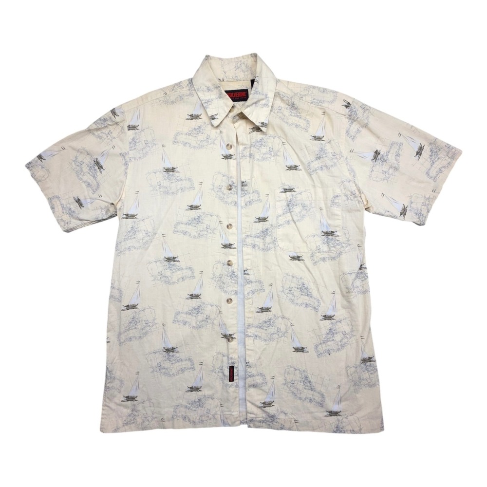 Wolverine Mens Short Sleeve Button Down Shirt Cream Nautical Map Sailboat M